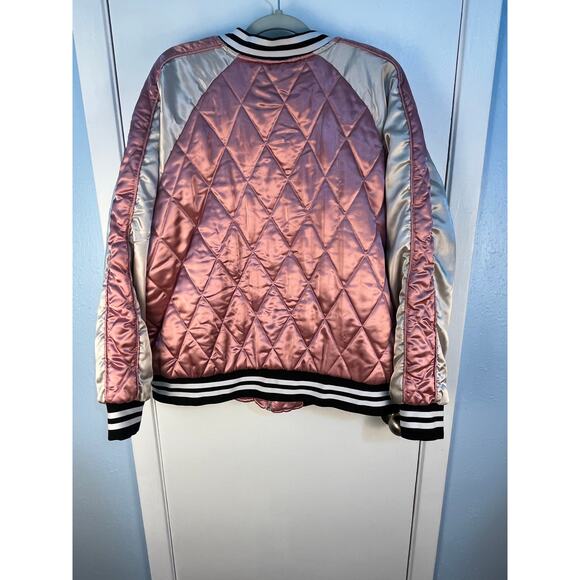 VTG Y2K Pink Quilted Satin Varsity Jacket 2X Embroidered Floral Mean Girls Boho - Picture 5 of 9
